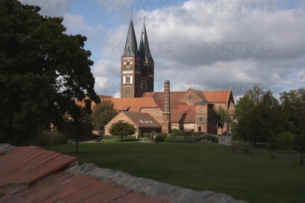 Jerichow Monastery, considered the oldest brick building in northern Germany, located on the Romanesque Road, collegiate church of St Mary and St Nicholas, former Premonstratensian canon monastery, photo taken with drone, Jerichow, Saxony-Anhalt, Germany, Europe