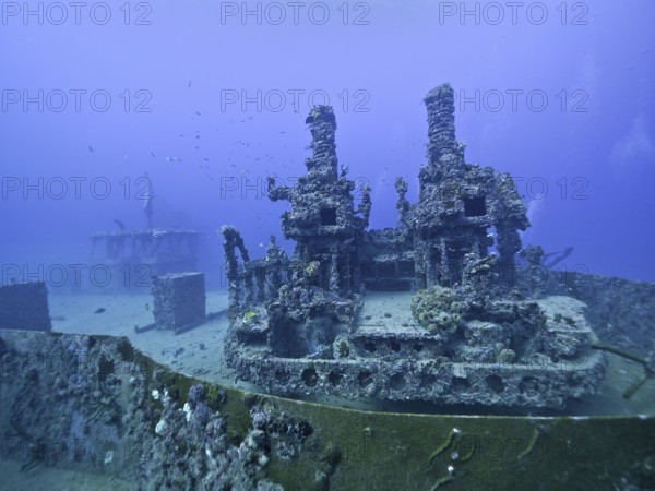 A complex underwater structure reclaimed by nature with visible coral growth: Wreck of the USS Spiegel Grove, dive site John Pennekamp Coral Reef State Park, Key Largo, Florida Keys, Florida, USA, North America