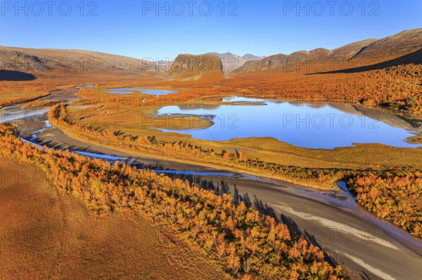 Lake, river, river delta, autumn colours, autumn, mountains, sunny, aerial view, Rapadalen, view of Nammatj and Sarek National Park, Laponia, Lapland, Sweden, Europe