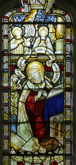 Stained glass window of Annunciation by Charles Eamer Kempe, church of Saint Botolph, Burgh, Suffolk, England, UK c 1902, Blessed Virgin Mary