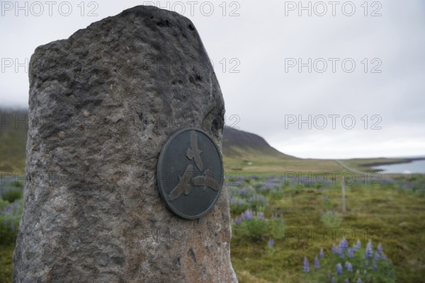 Monument to Flóki Vilgerðarson or Raven-Flóki, Icelandic Hrafna-Flóki, namesake for Iceland or Iceland, Ólafsfjarðarvegur, Hópsvatn, Iceland, Europe