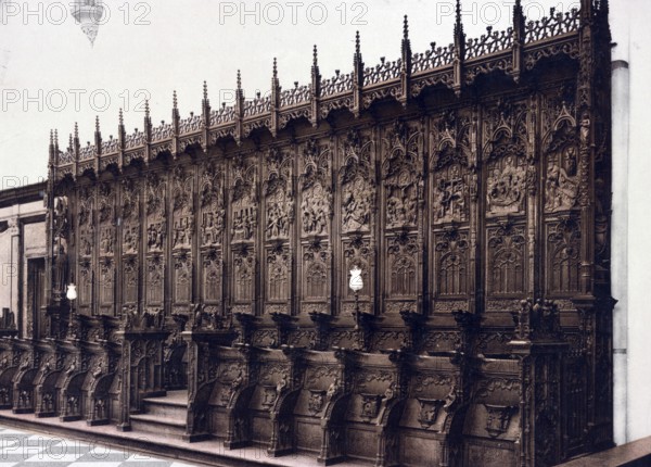 Louvain. The church of St Gertrude. Les Stalles à Droite, Belgium, Historical, digitally restored reproduction from a 19th century original, Record date not stated, Europe