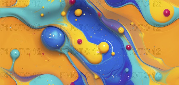 Abstract wallpaper with colorful turquoise and yellow blobs and liquid shapes on a orange background, AI generated