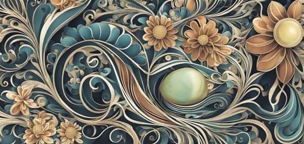 A whimsical abstract pattern with intertwined ribbons, eggs, and floral motifs, with a mix of sharp and soft lines creating depth, AI generated