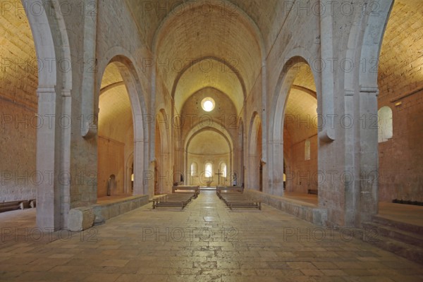 Interior view of the monastery church of the Romanesque abbey of Le Thoronet, monastery complex, Cistercian abbey, Var, Provence, France, Europe