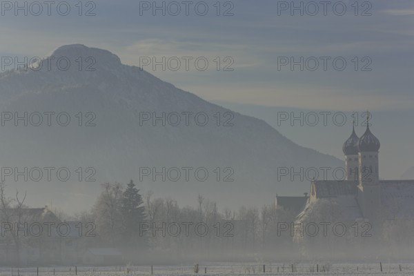 Monastery in the morning light, fog, hoarfrost, winter, Benediktbeuern Monastery, Alpine foothills, Upper Bavaria, Bavaria, Germany, Europe