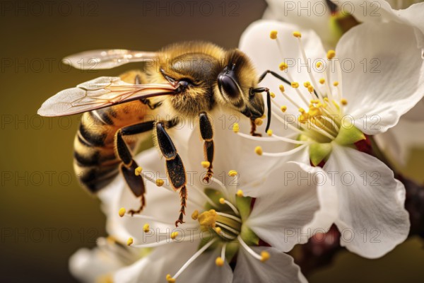 Close up of honey bee collecting pollen on flower. KI generiert, generiert AI generated