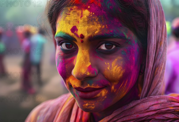 Indian woman colored face portrait during Holi Hindu festival, AI generated