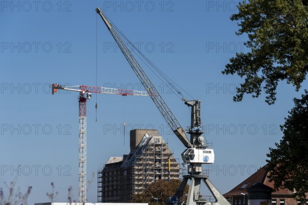 Old silo building, warehouse, in front of it construction crane and harbour crane, Magdeburg Port of Science, Saxony-Anhalt, Germany, Europe