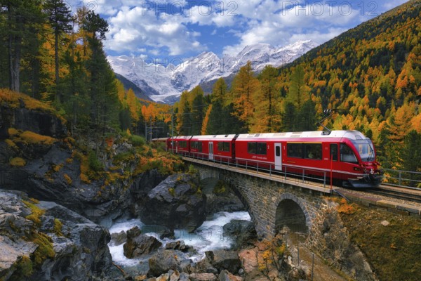 Rhaetian Railway RhB crossing a mountain stream over a stone bridge, behind it autumn-coloured Val Morteratsch with snow-covered mountains, Engadine, Canton Grisons, Switzerland, Europe