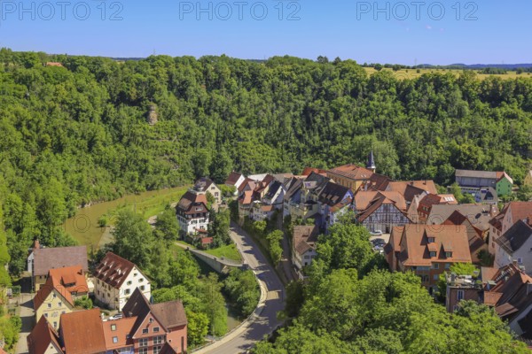 View of Haigerloch, lower town, Eyach valley, houses, roofs, rocky town, baroque gem, Haigerloch, Zollernalbkreis, Baden-Württemberg, Germany, Europe