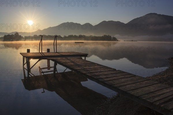 Footbridge on lake in front of mountains, sunrise, summer, silence, Lake Kochel, Alpine foothills, Bavaria, Germany, Europe