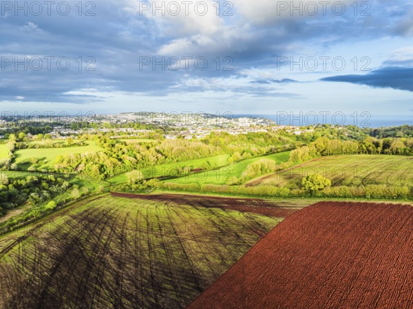 Fields and Farms over Torquay from a drone, Devon, England, United Kingdom, Europe