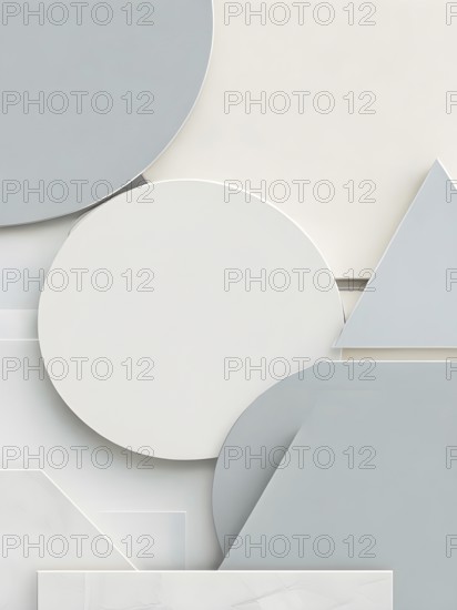 Minimalist composition of overlapping geometric shapes with clean lines and muted soft pastel colors, AI generated