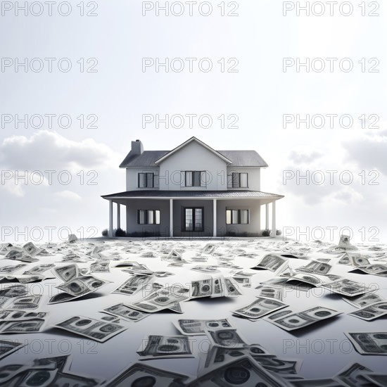 Minimalist render of a residential house with money scattered around as symbol of of investment strategy, AI generated