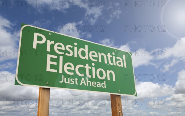 Presidential election just ahead green road sign over clouds and blue sky, AI generated