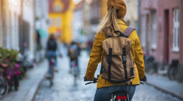 Happy young woman tourist is riding a bicycle on a European street, AI generated