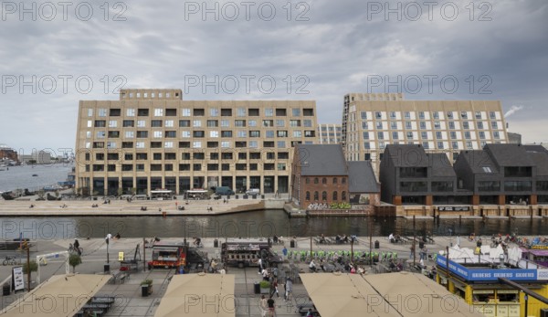 Square with food stalls from all over the world, contemporary architecture in the style of old harbour warehouses, Paper Island, Christiansholm Island, Copenhagen, Denmark, Europe