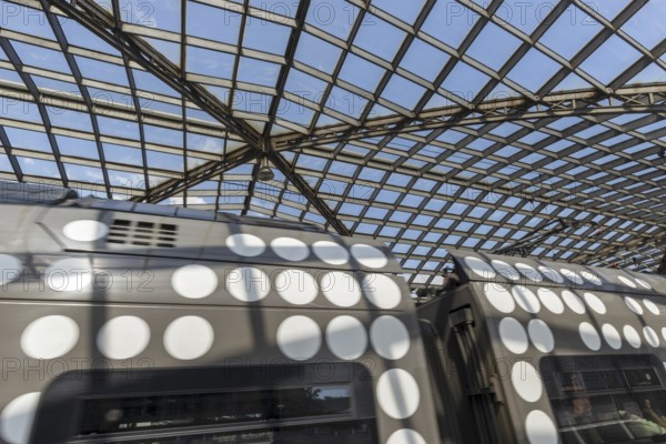 Local train and glass roof at Cologne Central Station, Cologne, Rhineland, North Rhine-Westphalia, Germany, Europe