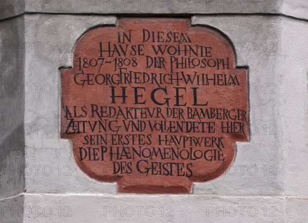 Memorial plaque, house of Georg Friedrich Wilhelm Hegel, Bamberg, Upper Franconia, Bavaria, Germany, Europe