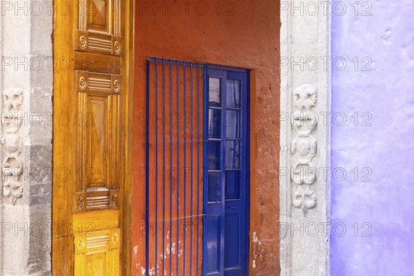Peru, Colorful colonial houses and streets of Areuipa in historic city center near Plaza de Armas, South America