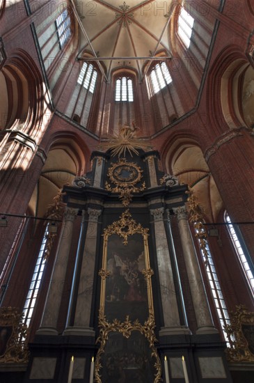 Baroque high altar, 1774, in St Nicholas' Church, late Gothic brick building, built between 1381 and 1487, Wismar, Mecklenburg-Western Pomerania, Germany, Europe