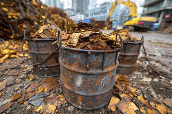 Scrap metal, in barrels in a scrap yard, recycling plant for metal utilisation, AI generated, AI generated, AI generated