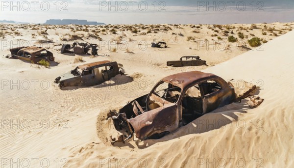 Rusty cars buried and abandoned in a vast, sandy desert landscape, symbolic photo, AI generated, AI generated