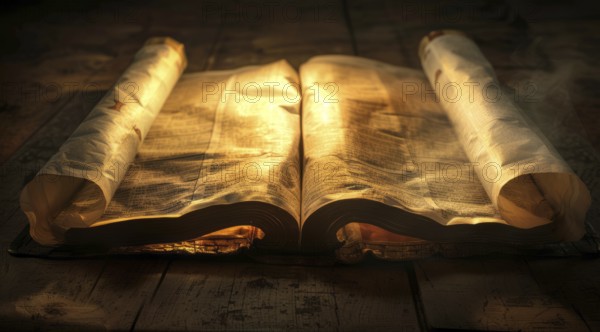 Open bible book on a wooden table at sunset with cross in front of it. Strong Christian faith, AI generated