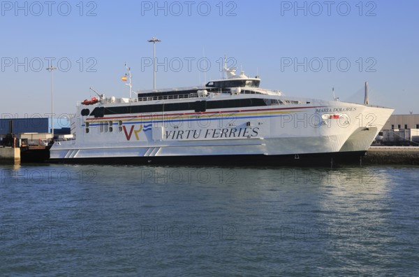 Maria Dolores, Virtu Ferries ship in the harbour port of Cadiz, Spain, Europe