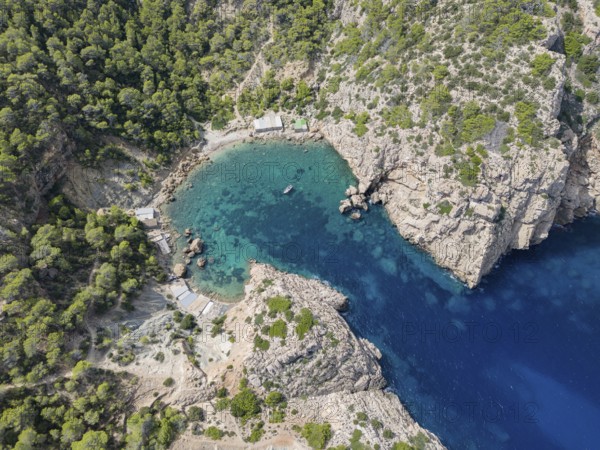 Aerial view of Cala de Es Portixol, Ibiza, Balearic Islands, Spain, Europe