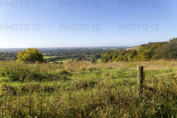 View over chalk scarp slope Vale of Pewsey, Pewsey Vale, Martinsell Hill, Oare, Wiltshire, England, UK