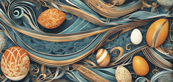 A whimsical abstract pattern with intertwined ribbons, eggs, and floral motifs, with a mix of sharp and soft lines creating depth, AI generated