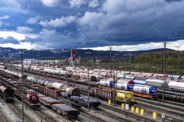 The Hagen-Vorhalle marshalling yard, one of the 9 largest in Germany, is located on the Wuppertal-Dortmund railway line and has 40 directional tracks on which goods trains are assembled, North Rhine-Westphalia, Germany, Europe