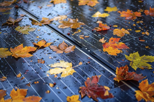Colorful autumn leaves and rain on photovoltaics solar panel. Generative Ai, AI generated