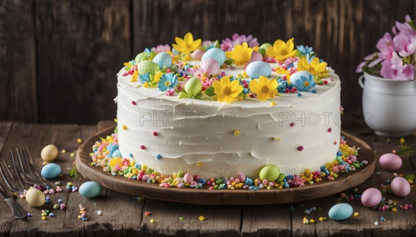 Decorated Easter cake with intricate icing flowers and colorful sprinkles, placed on a rustic wooden table, AI generated