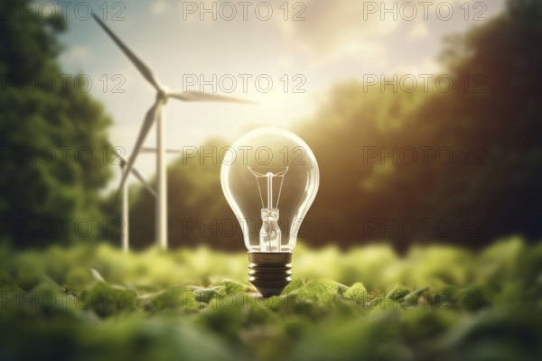 Electric light bulb with wind mill turbines in background. Renewable energy concept. KI generiert, generiert, AI generated