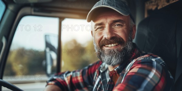 Smiling truck driver in a long distance haul cargo vehicle delivering goods across the country, AI generated