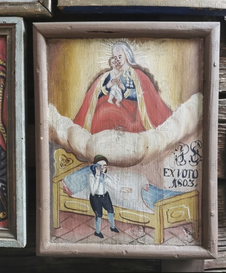 Votive pictures, votive tablets on the walls of the chapel of grace inside the church, pilgrimage church of the Assumption of the Virgin Mary in Sammarei, district of Passau, Lower Bavaria, Bavaria, Germany, Europe