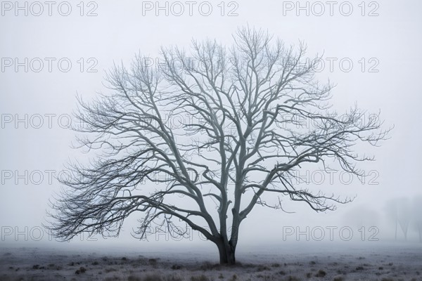 Bare tree covered in frost, isolated against a foggy, white winter landscape, AI generated