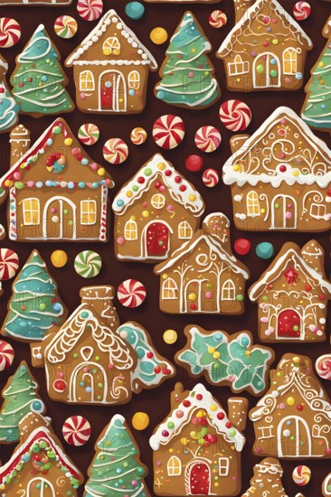 Abstract wallpaper illustration of of gingerbread house decoration, AI generated