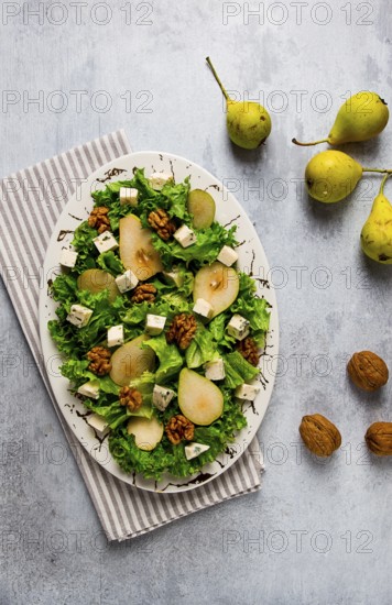 Keto Salad, pear with blue cheese and walnut, selective focus, no people, close-up
