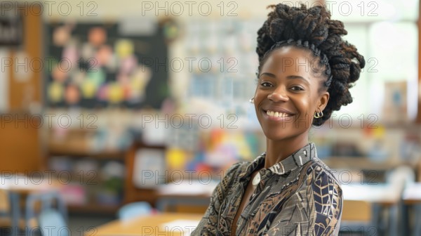 Proud smiling african american female teacher standing in her classroom. generative AI, AI generated