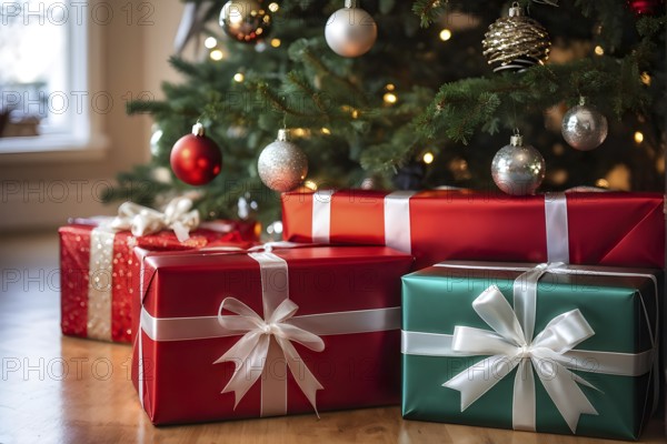 Beautiful wrapped Christmas gifts with shiny ribbons and bows stacked under a evergreen tree in a cozy living room, AI generated