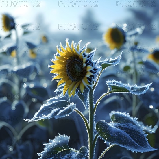 Detailed close-up of frost patterns on sunflowers on a meadow, AI generated