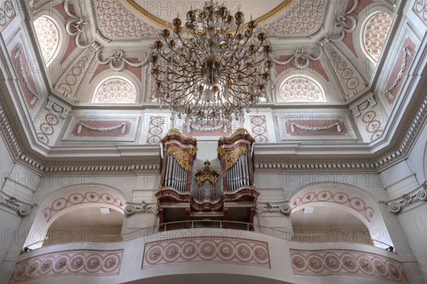 Organ loft of St James' Church, built 1772-1775, Bad Kissingen, Lower Franconia, Bavaria, Germany, Europe