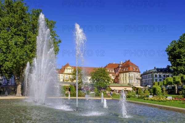 Fountain in the spa gardens and rose garden, Bad Kissingen, Rhön, Lower Franconia, Franconia, Bavaria, Germany, Europe