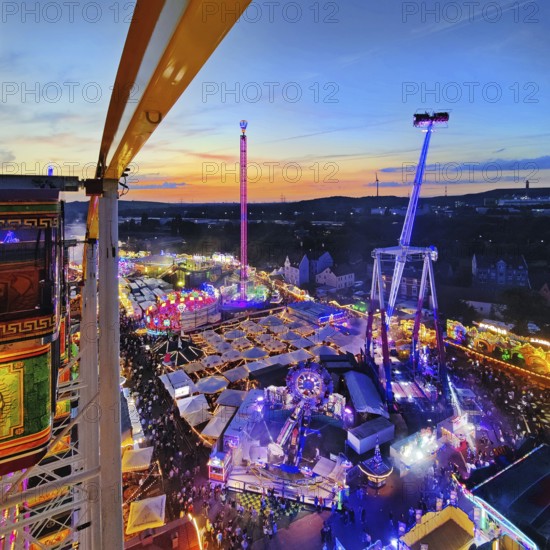 View from above from the Ferris wheel at the Cranger Kirmes in the evening, Herne, Ruhr area, North Rhine-Westphalia, Germany, Europe