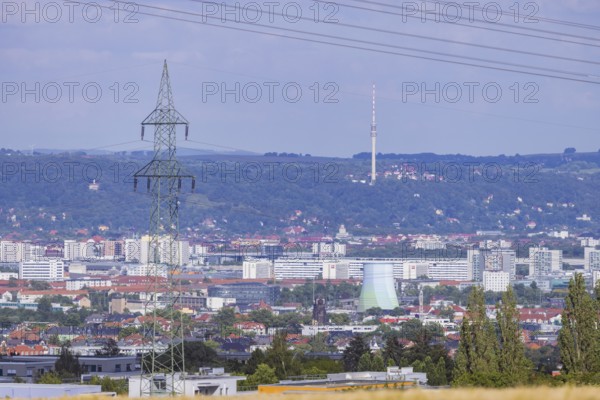 Cityscape Dresden with buildings and famous sights with view to the eastern slopes of the river Elbe with the television tower, distant view of Dresden seen from the west, Dresden, Saxony, Germany, Europe