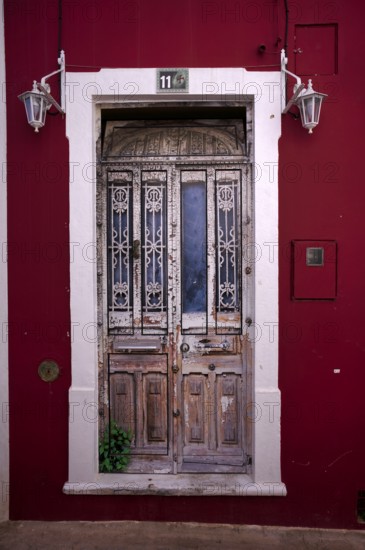 Entrance door, weathered, red, Loulé, Algarve, Portugal, Europe